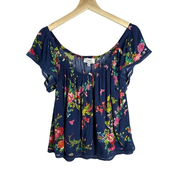 Twine & String Navy Floral Gauze Off-Shoulder Top Size X-Large - Picture 1 of 8